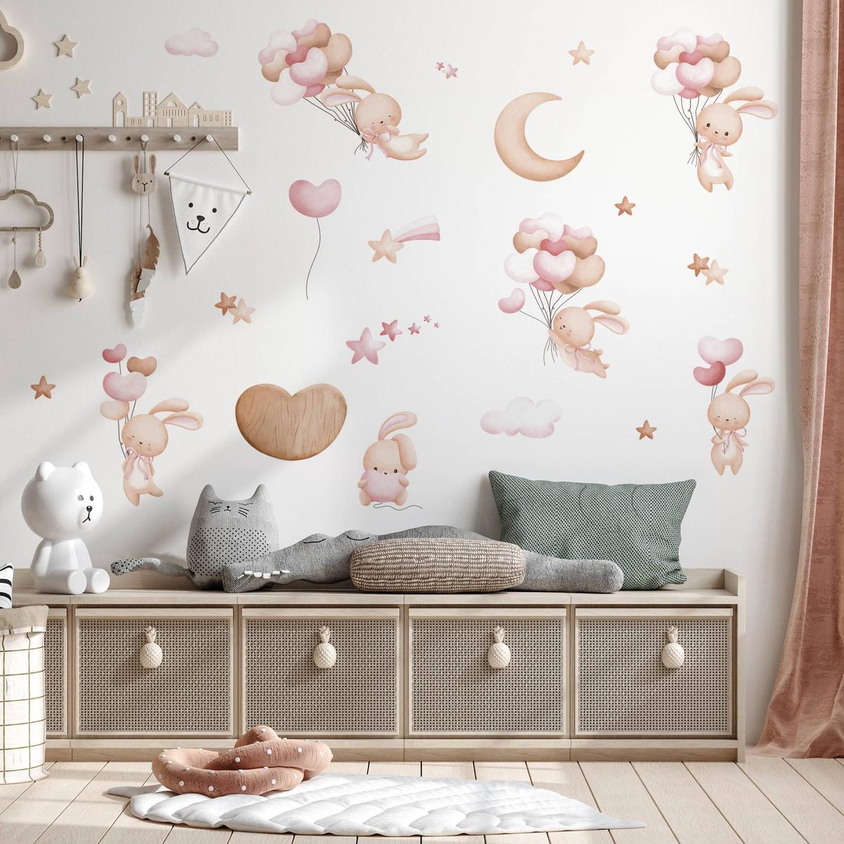 Naklejki Ścienne Dla Dzieci Króliczki Balony 60x30 Serca Gwiazdy ZESTAW nr. 4