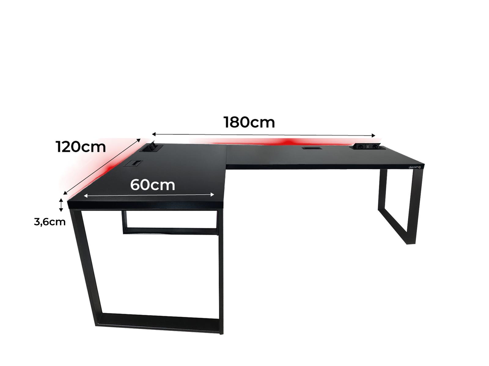 Biurko gamingowe narożne model 3 Top czarne LOFT metalowe nogi LED RGB przepust USB dla gracza 180x60x71cm nr. 2