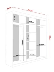 Szafa przesuwna Malani 200x59x205 cm duża z lustrem i czarno-białymi lamelami do garderoby sypialni dąb - Miniaturka zdjęcia nr 2