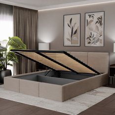 Łóżko Tapicerowane Do Sypialni 140x200 Podwójne z Pojemnikiem Beżowe - Miniaturka zdjęcia nr 4