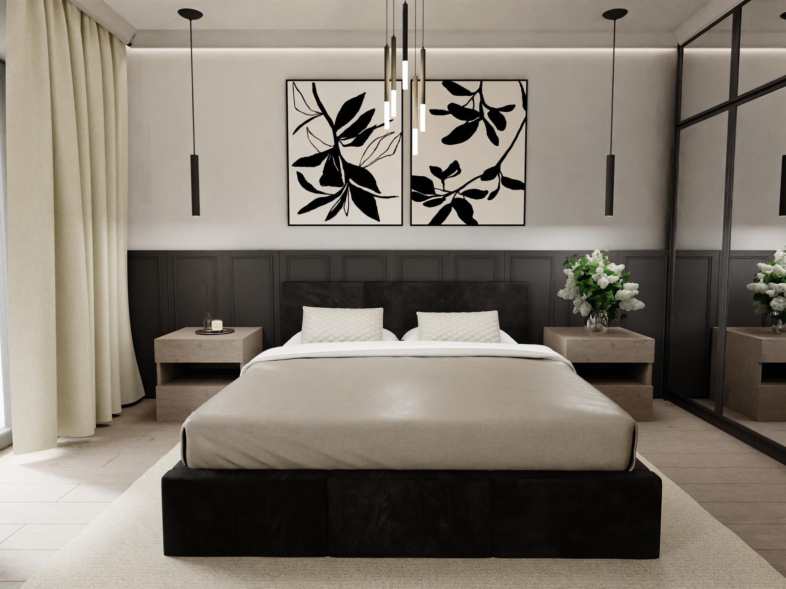 Łóżko tapicerowane do sypialni 180x200x100 cm podwójne z pojemnikiem modne czarne nr. 6