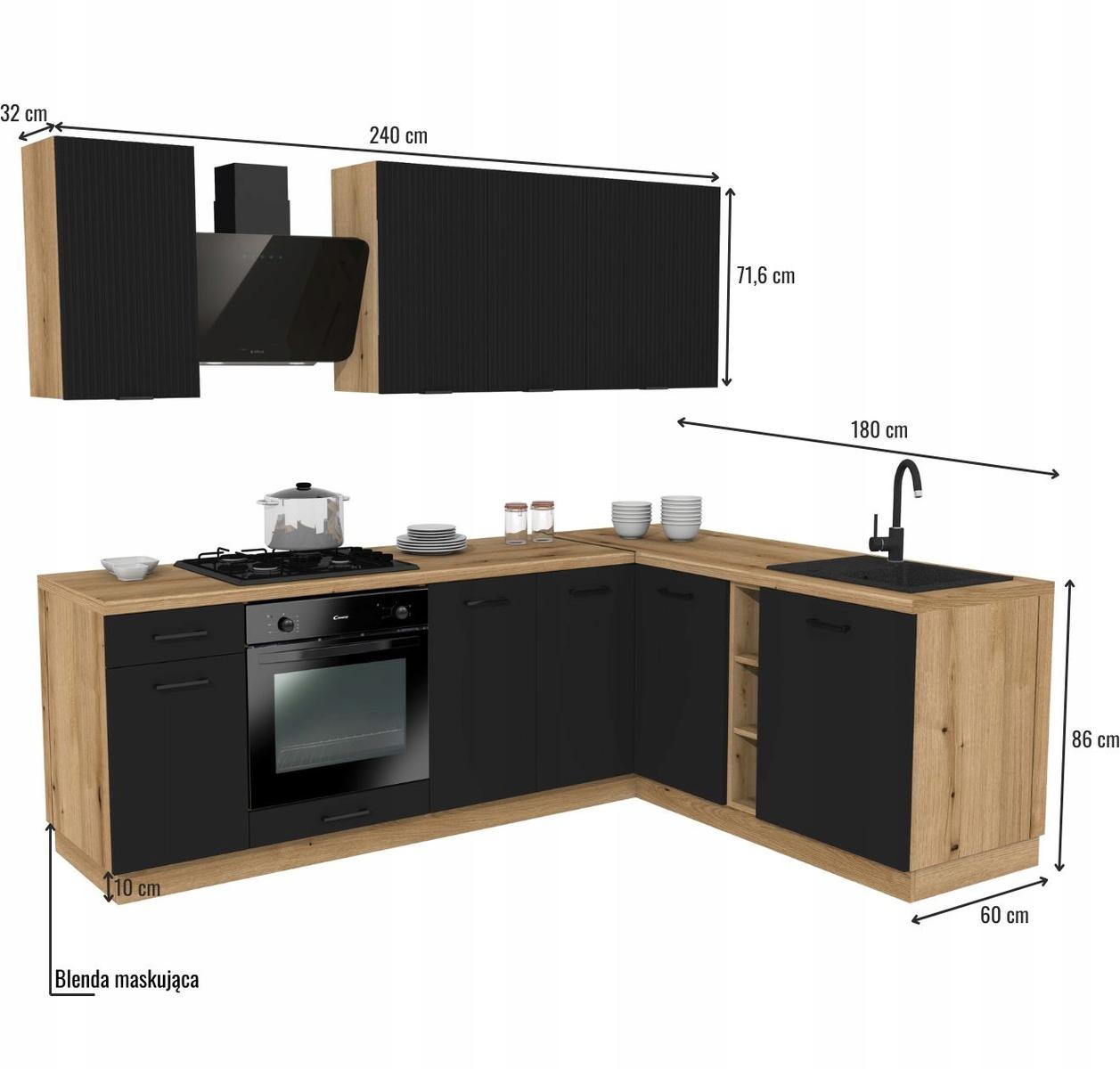 Zestaw mebli kuchennych MIX 240x180 cm kuchnia narożna szafki kuchenne górne dolne czarna z blatem dąb evoke nr. 3