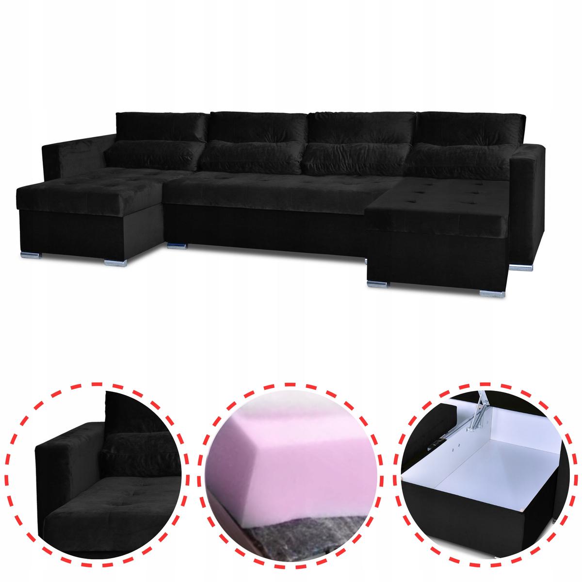 Narożnik Varius BIG 297x74x140 cm kształt U z funkcją spania i przechowywania do salonu Royal czarny nr. 2