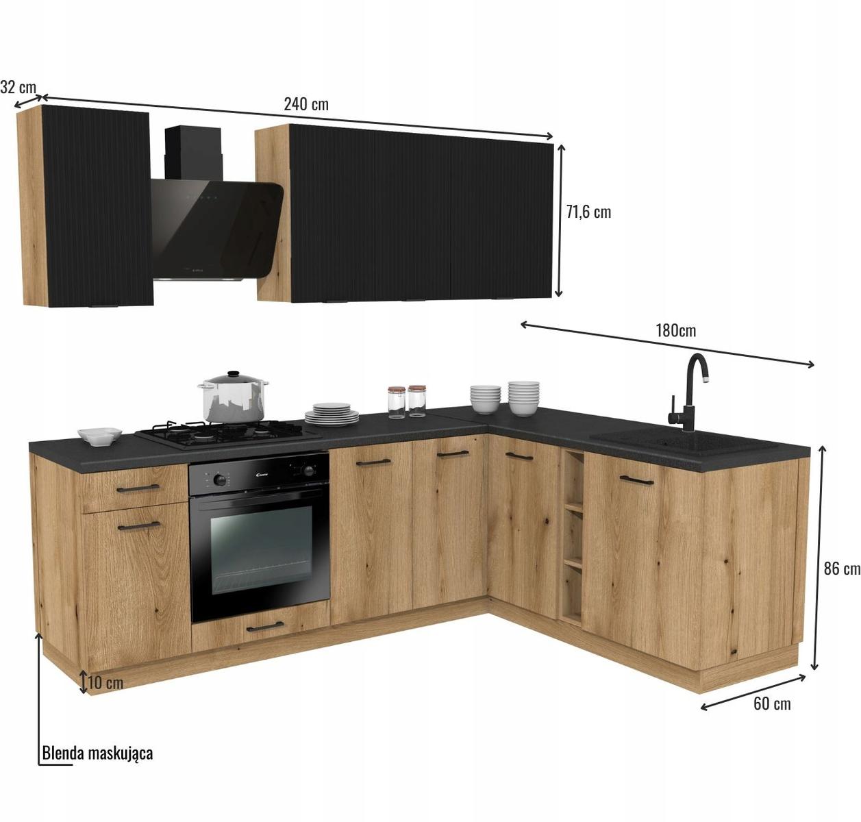 Zestaw mebli kuchennych MIX 240x180 cm kuchnia narożna szafki kuchenne górne dolne ryflowane dąb evoke/czarna z blatem District Dark nr. 3