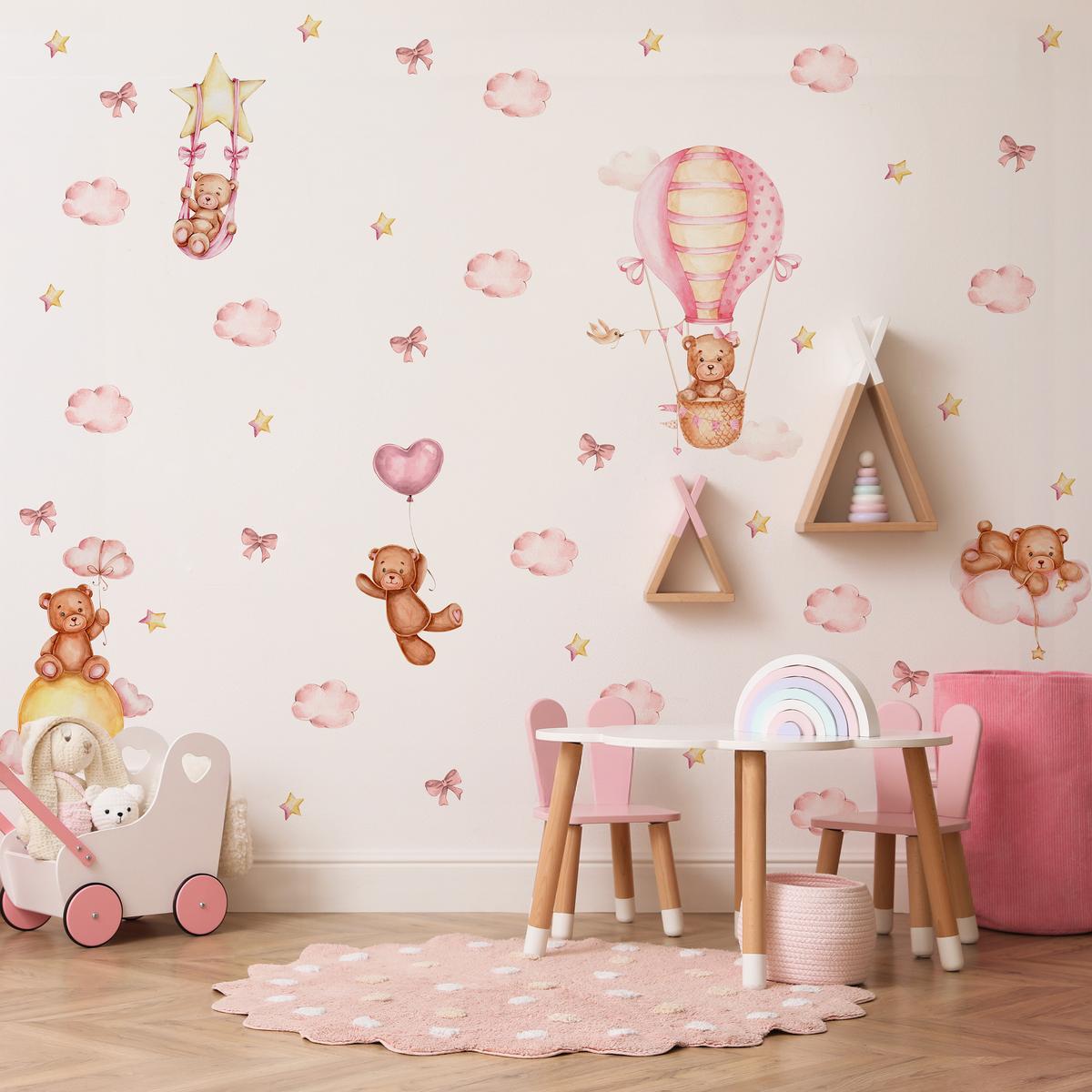 Naklejki Dla Dzieci Misie Różowe Chmurki Gwiazdy 120x60 Kokardki ZESTAW nr. 4