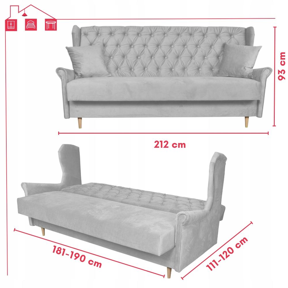 Kanapa z funkcją spania GAJA 212x95x93 cm uszak rozkładana wersalka pikowana z poduszkami AURA szary nr. 14