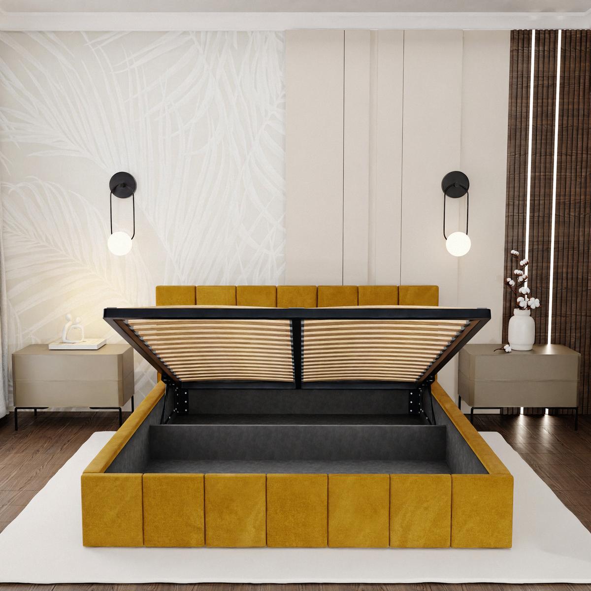 Łóżko tapicerowane 140x200 premium z pojemnikiem do sypialni żółte wezgłowie 107 cm nr. 7