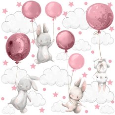 Naklejki Ścienne Dla Dzieci Króliczki Różowe 120x60 Balony Chmurki ZESTAW - Miniaturka zdjęcia nr 1
