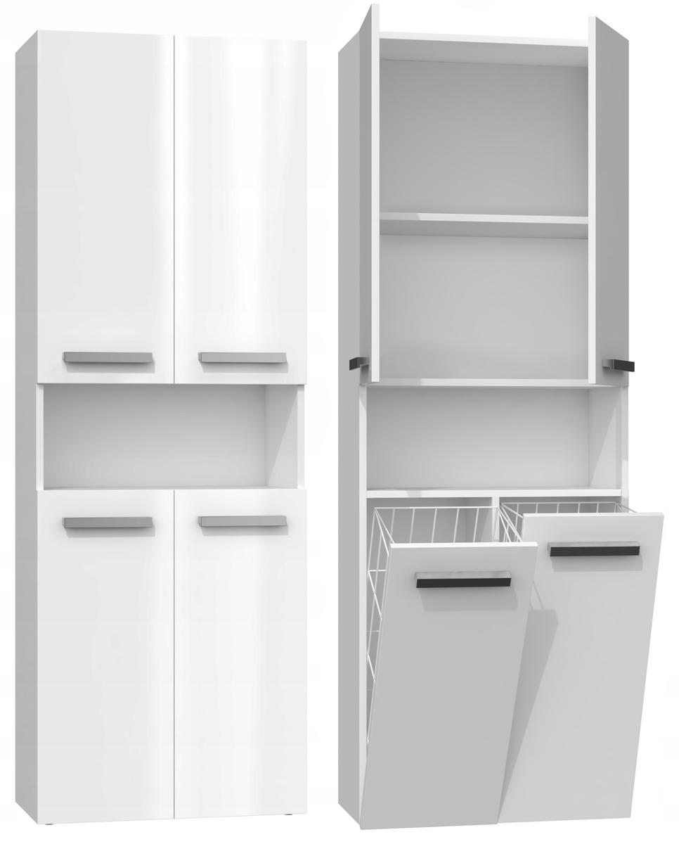 Słupek łazienkowy NEL DK 2K 174x60x30 cm szafka łazienkowa podwójny kosz na pranie regał biały połysk