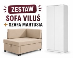 Zestaw mebli sofa rozkładana Viluś beżowa + szafa Martusia 180 cm biała do pokoju dla dziecka - Miniaturka zdjęcia nr 1