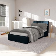 Łóżko Pojedyncze 90x200cm łóżko tapicerowane z pojemnikiem granatowe do sypialni wezgłowie 88 cm - Miniaturka zdjęcia nr 4