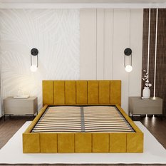 Łóżko tapicerowane 160x200 premium z pojemnikiem do sypialni żółte wezgłowie 107 cm - Miniaturka zdjęcia nr 5