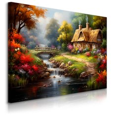 Obraz Na Płótnie Krajobraz Strumyk Domek Na Wsi 100x70 Natura Las - Miniaturka zdjęcia nr 1