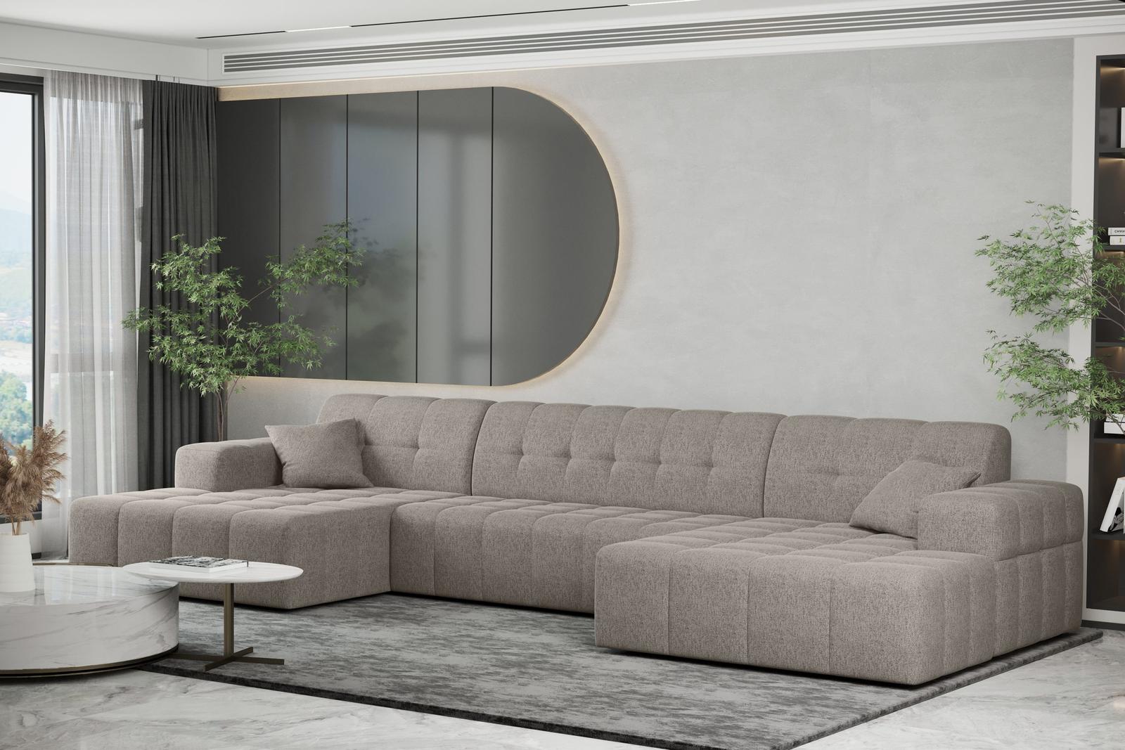 Sofa NIMES 350x82x168 cm bez funkcji spania w kształcie U pikowana do salonu NEVE jasnobeżowa