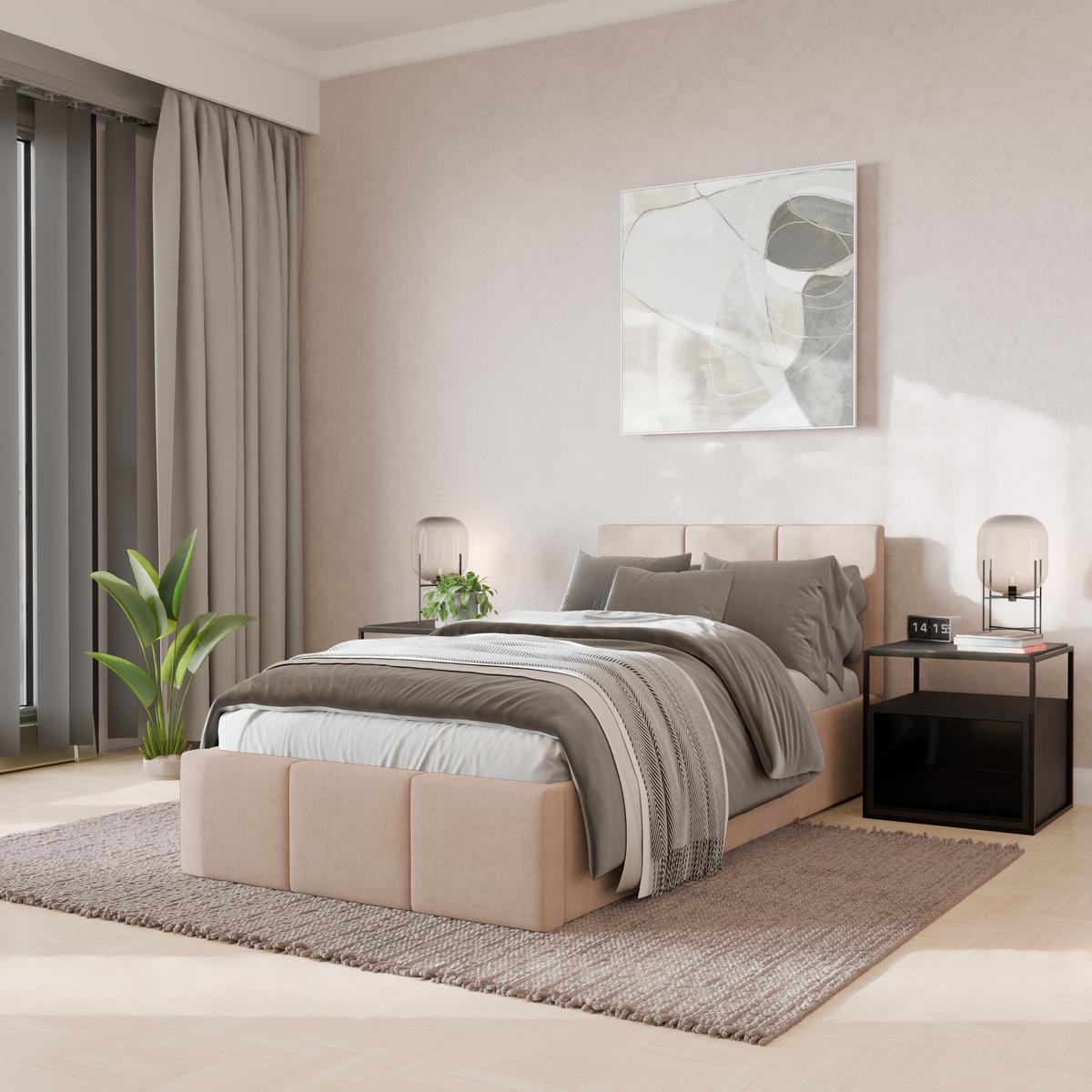 Łóżko Pojedyncze 90x200cm łóżko tapicerowane z pojemnikiem kremowe do sypialni wezgłowie 88 cm