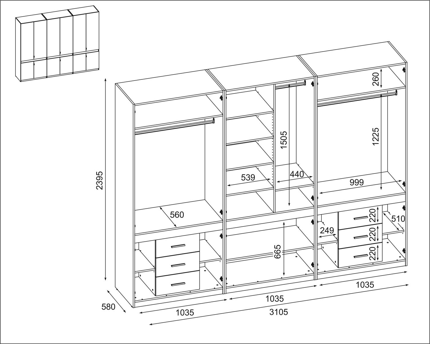 Szafa do garderoby XXL duża 310x240x59cm z lustrem czarny/buk scandic  nr. 4