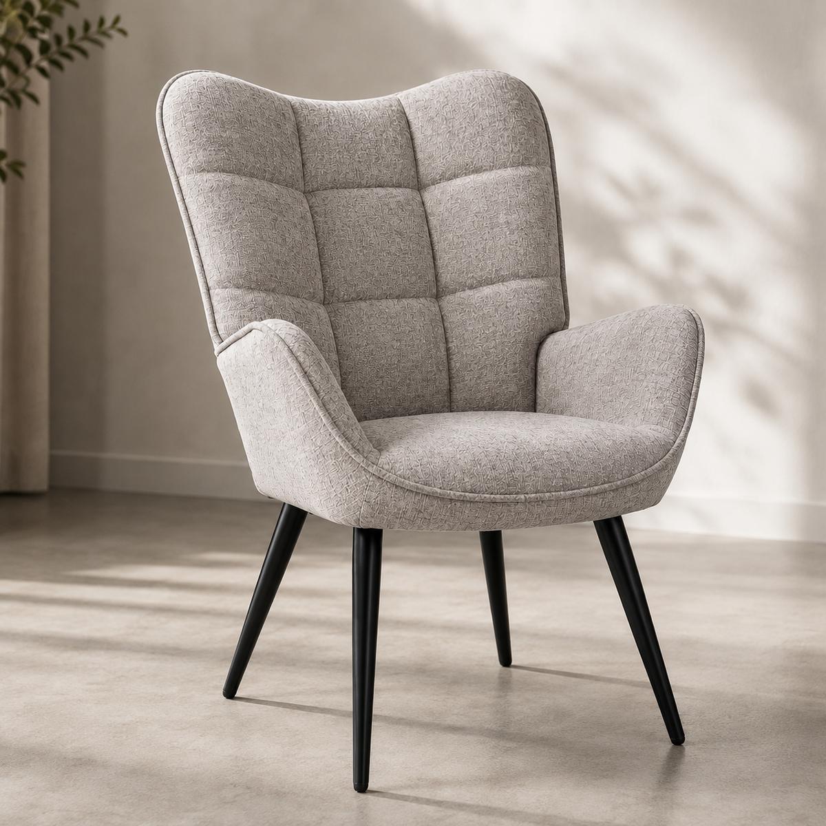 Fotel VIA tapicerowany wypoczynkowy 69x63x89 cm do salonu biura nogi czarne, jasnoszary