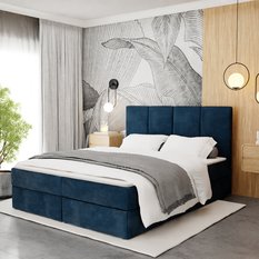 Łóżko kontynentalne 140x200x113 cm tapicerowane podwójne z materacem granatowe - Miniaturka zdjęcia nr 7