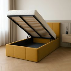 Łóżko Pojedyncze 90x200cm łóżko tapicerowane z pojemnikiem żółte do sypialni wezgłowie 120 cm - Miniaturka zdjęcia nr 2