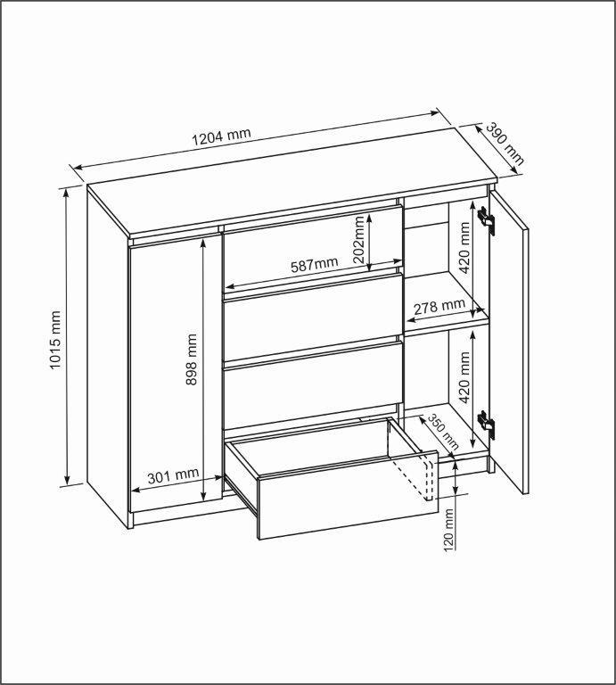 Komoda 120 cm z 2 drzwiami i 4 szufladami biała front połysk z dwiema półkami nr. 2