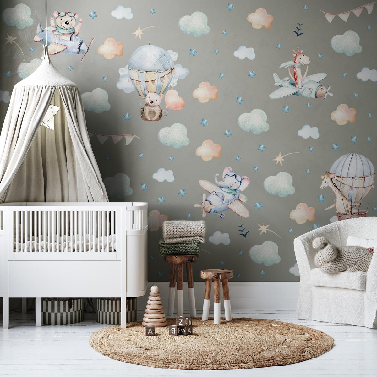 Naklejki Dla Dzieci Zwierzątka Misie Żyrafy 60x30 Balony Chmurki ZESTAW nr. 5