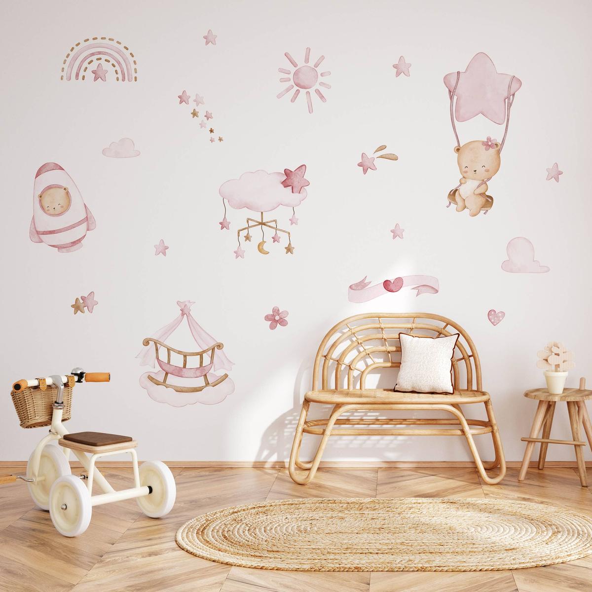 Naklejki Na Ścianę Dla Dzieci Misie Różowe 120x60 Chmurki Rakieta ZESTAW nr. 6