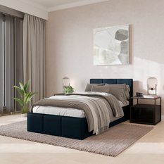 Łóżko Pojedyncze 90x200cm łóżko tapicerowane z pojemnikiem granatowe do sypialni wezgłowie 88 cm - Miniaturka zdjęcia nr 1