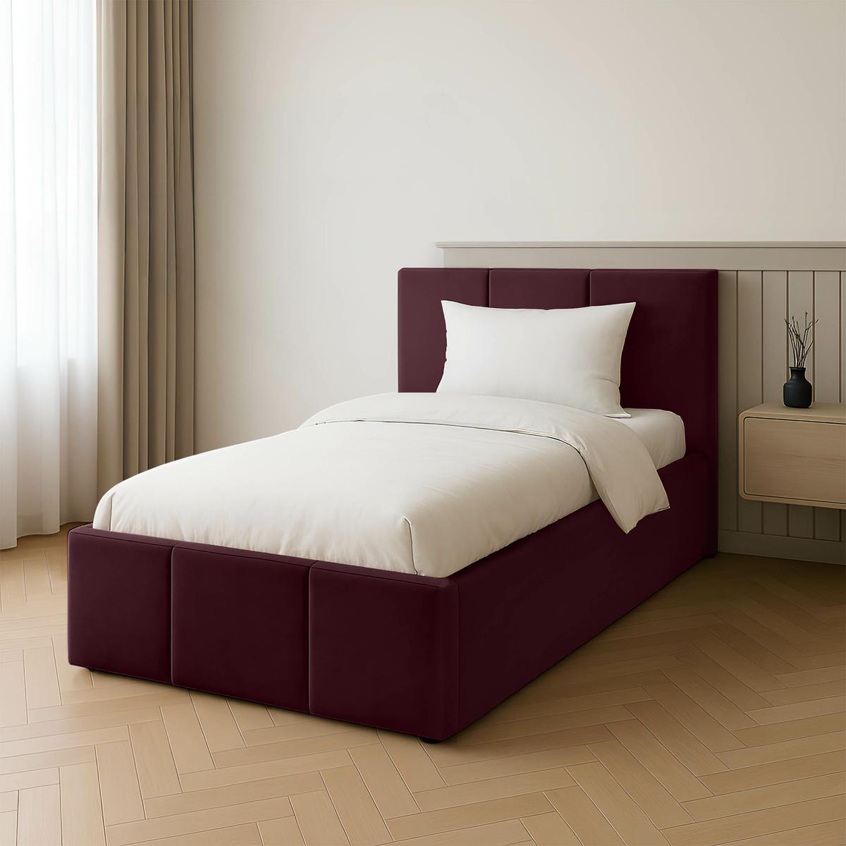 Łóżko Pojedyncze 90x200cm łóżko tapicerowane z pojemnikiem bordowe do sypialni wezgłowie 110 cm nr. 3