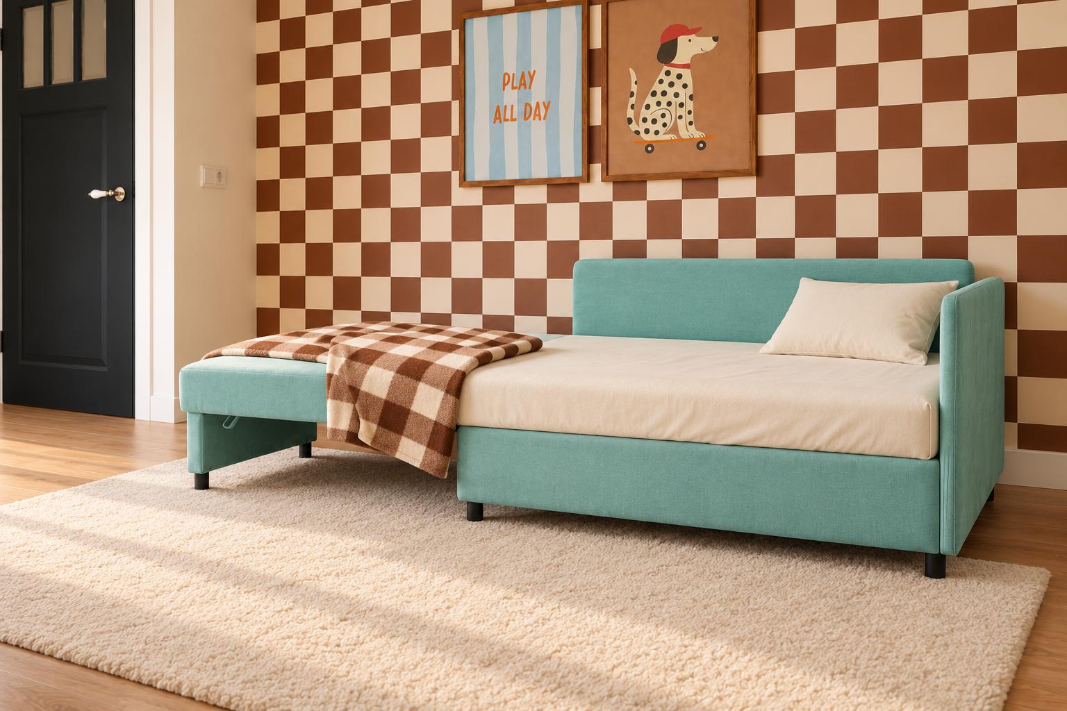 Sofa Viluś 106x75x80 cm miętowy rozkładana sofa narożna jednoosobowa z funkcją spania i pojemnikiem na pościel nr. 6