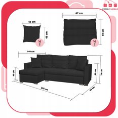 Narożnik FIGO 226x74x140 cm rozkładany z funkcją spania rogówka do salonu czarny - Miniaturka zdjęcia nr 8