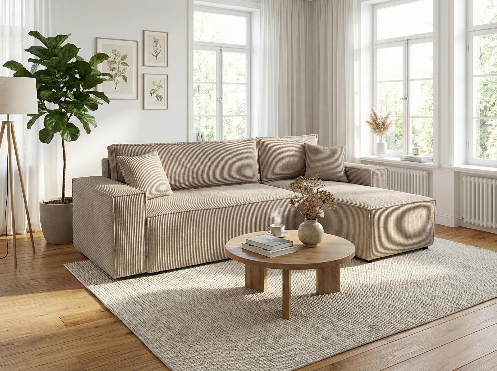 Narożnik Modena 230x52x130 cm z funkcją spania i pojemnikiem sztruks beżowy do salonu