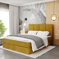 Łóżko kontynentalne 140x200x113 cm tapicerowane podwójne z materacem żółte - Miniaturka zdjęcia nr 7