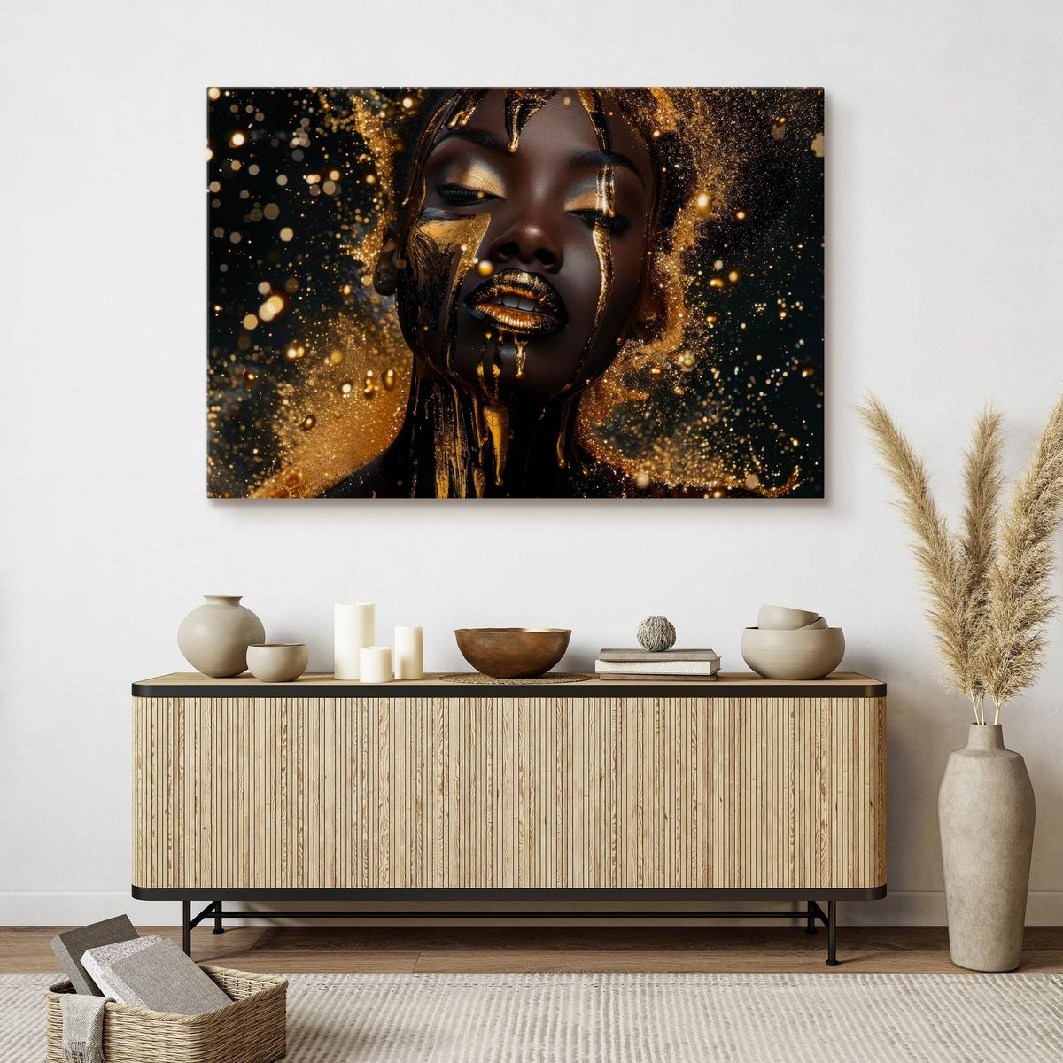 Obraz Na Płótnie Kobieta W Złotym Pyle Abstrakcja 90x60 Czarne Tło nr. 7