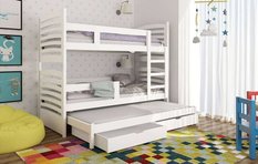 Łóżko piętrowe drewniane Janek dla dzieci białe z miejscem do spania dla 3 osób do pokoju dziecka 