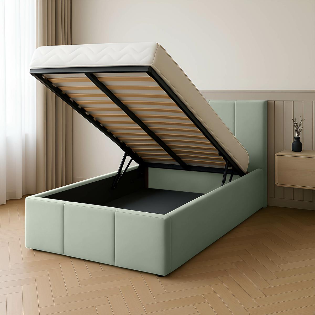 Łóżko Pojedyncze 90x200cm łóżko tapicerowane z pojemnikiem miętowe do sypialni wezgłowie 120 cm  nr. 2