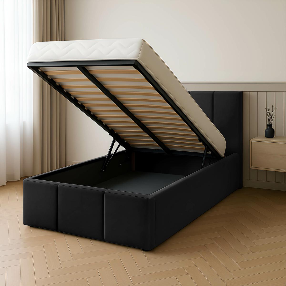 Łóżko Pojedyncze 90x200cm łóżko tapicerowane z pojemnikiem czarne do sypialni wezgłowie 110 cm nr. 2