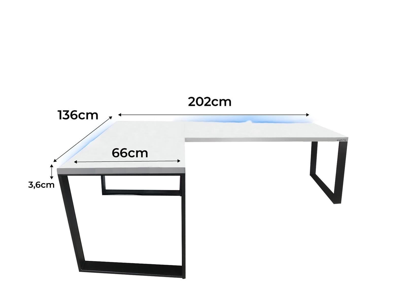 Biurko gamingowe narożne model 1 Top białe LOFT metalowe nogi LED RGB pilot dla gracza 202x66x71cm nr. 2