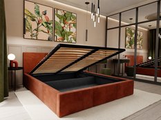 Łóżko tapicerowane do sypialni 180x200x100 cm podwójne z pojemnikiem modne miodowe - Miniaturka zdjęcia nr 4