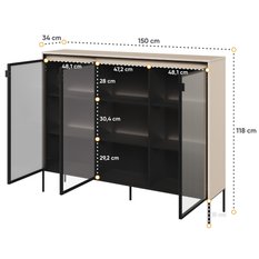 Witryna 150x34x118 cm 3w Trend z praktycznymi półkami beż piaskowy i czarny do salonu - Miniaturka zdjęcia nr 4