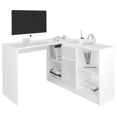 Biurko narożne MODERN 130 cm białe z teksturą z szafką i półkami do biura 