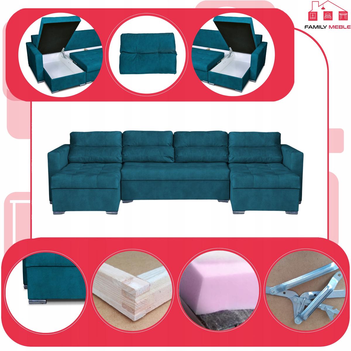 Narożnik Varius BIG 297x74x140 cm kształt U z funkcją spania i przechowywania do salonu Aura turkus welur nr. 4
