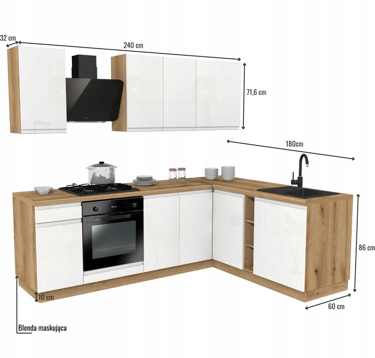 Zestaw mebli kuchennych LUGO 240x180 cm kuchnia narożna szafki kuchenne górne dolne biały akryl połysk z blatem dąb evoke nr. 3