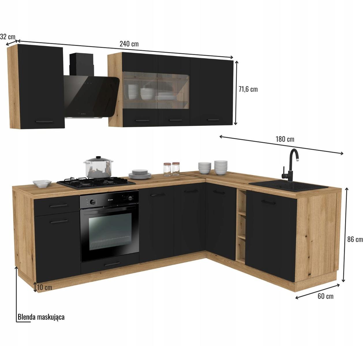 Zestaw meble kuchennych Capri 240x180 cm kuchnia narożna szafki kuchenne górne dolne czarny z blatem dąb evoke nr. 3