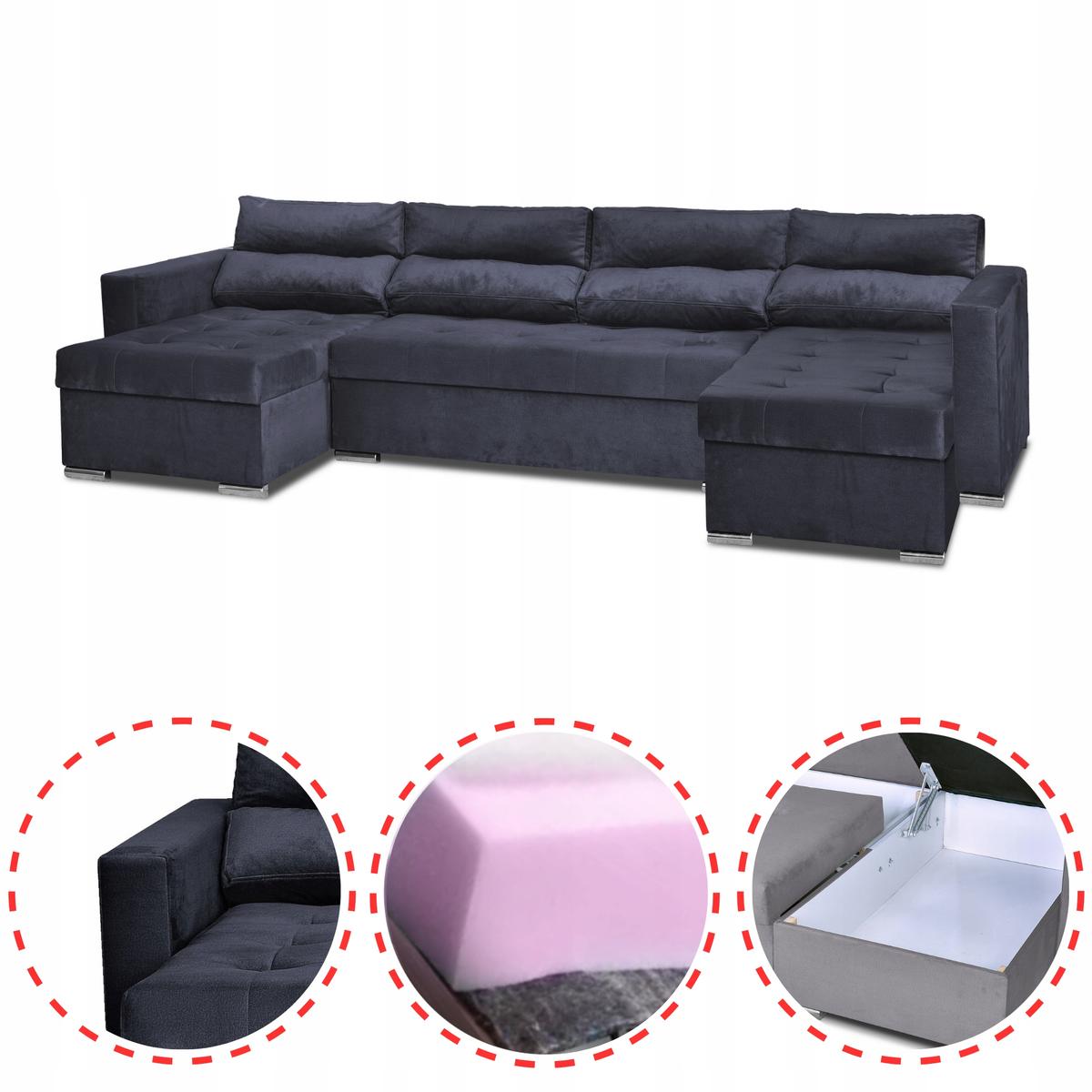 Narożnik Varius BIG 297x74x140 cm kształt U z funkcją spania i przechowywania do salonu Monoliht czarny nr. 2
