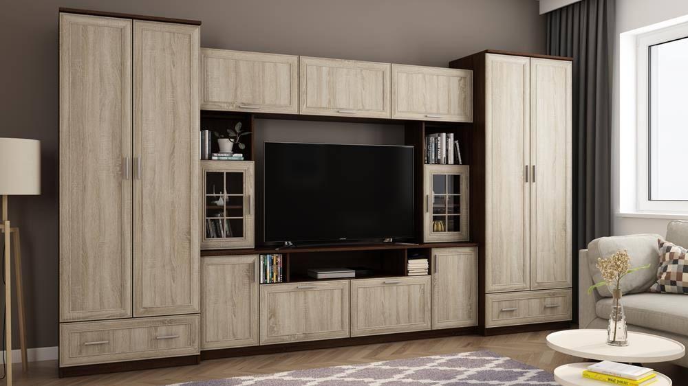 Meblościanka z szafą TAJGA 370x210x53 cm zestaw mebli do salonu RTV Sonoma ciemna Sonoma Jasna MDF