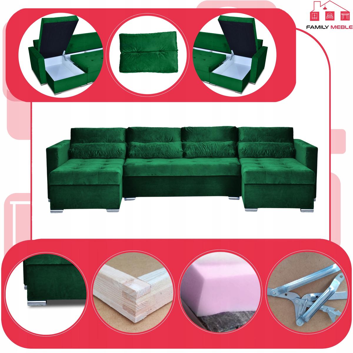 Narożnik Varius BIG 297x74x140 cm kształt U z funkcją spania i przechowywania do salonu Royal zieleń nr. 4