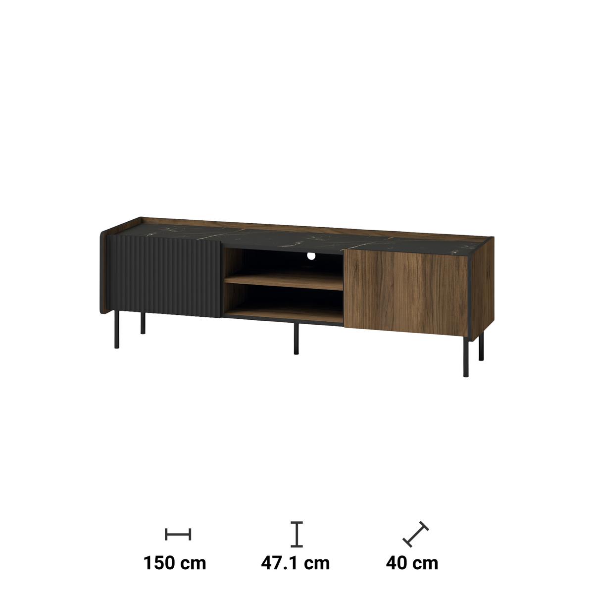 Szafka RTV 150x40x47,1 cm z szafkami z drzwiczkami orzech i czarny mat do salonu nr. 4