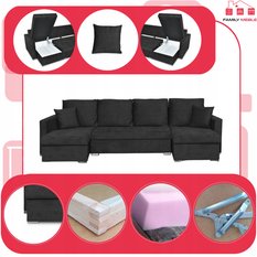 Narożnik Bella BIG 298x74x140 cm kształt U z funkcją spania i przechowywania Angel czarny - Miniaturka zdjęcia nr 4