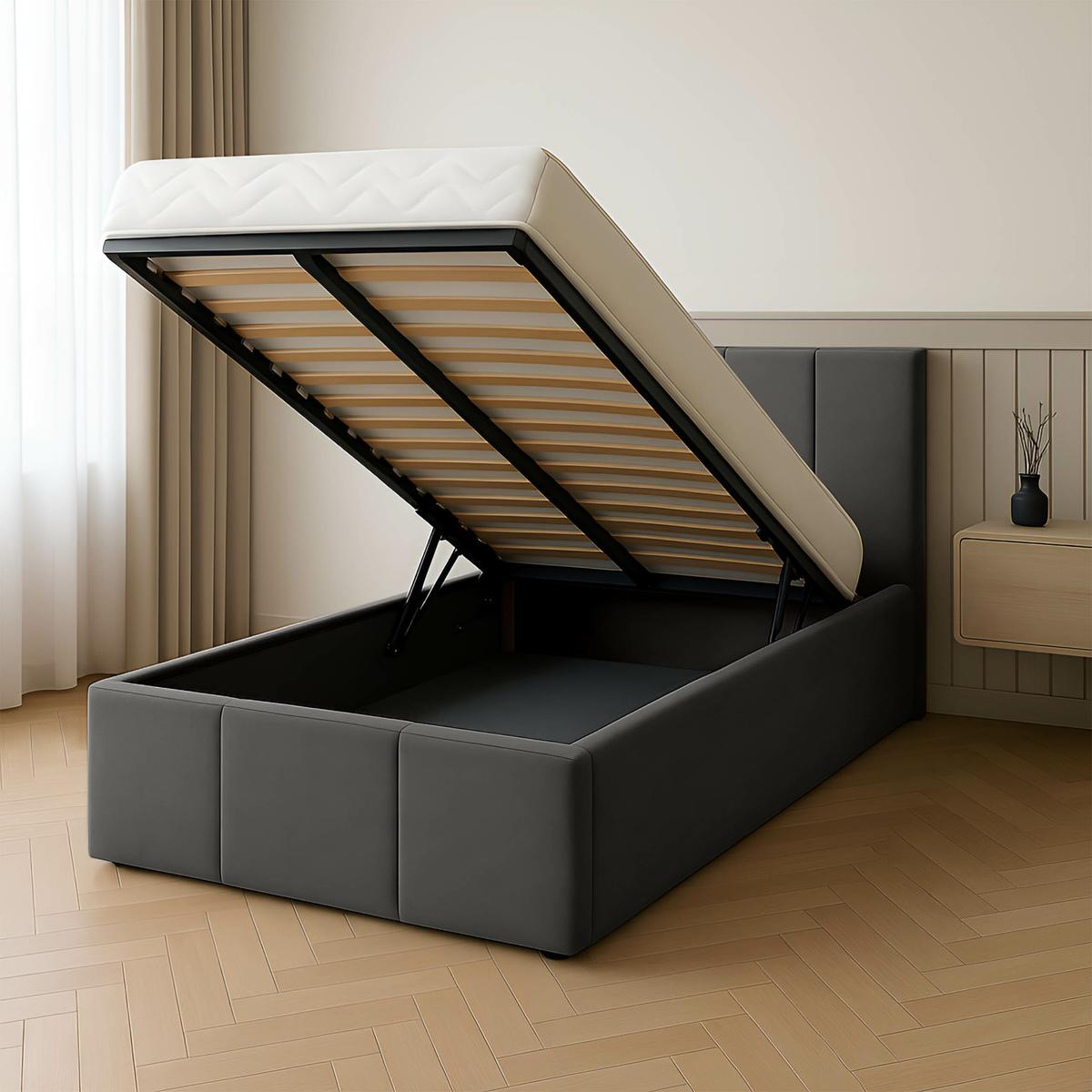 Łóżko Pojedyncze 90x200cm łóżko tapicerowane z pojemnikiem grafitowe do sypialni wezgłowie 100 cm nr. 2