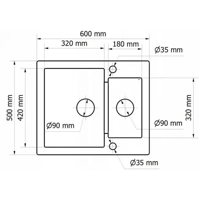 Zlewozmywak granitowy 1.5-komorowy 60x50x17,5 cm WESTA 80 bez ociekacza głęboka czerń nr. 3